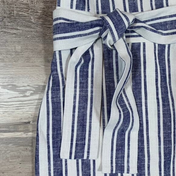 NWT J.Crew Blue White Stripe Tie Waist Sheath Dress Size 00 Linen Blend - Picture 2 of 7